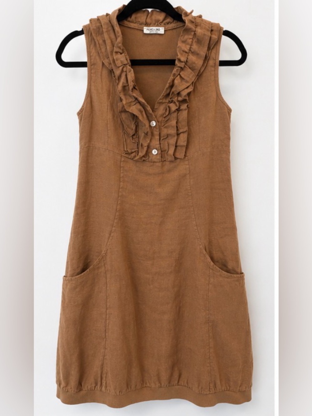Puro Lino 100% Linen Ruffle Tunic Dress Brown Made in Italy XS